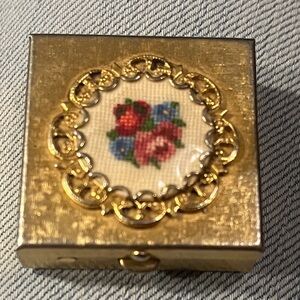 Gold Plated Petit Point Floral Pill Box